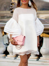 Long Sleeves Loose Falbala See-Through Solid Color Split-Joint Round-Neck Mini Dresses